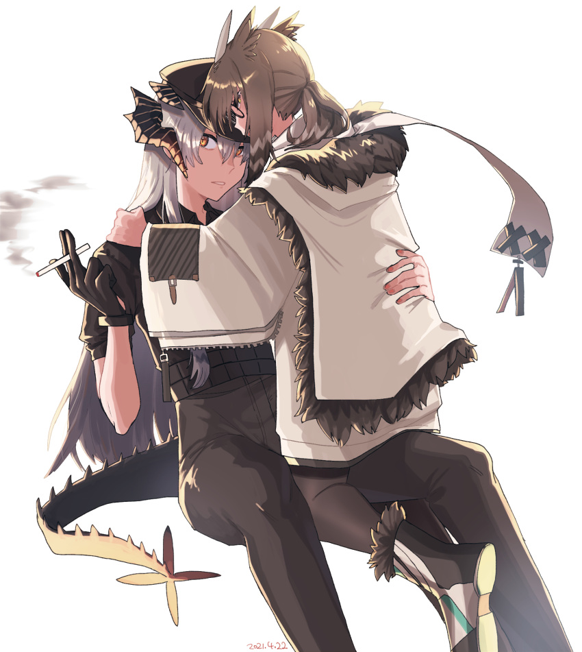 2girls, arknights, brown_hair, cigarette, dated, dragon_girl, dragon_horns, dragon_tail