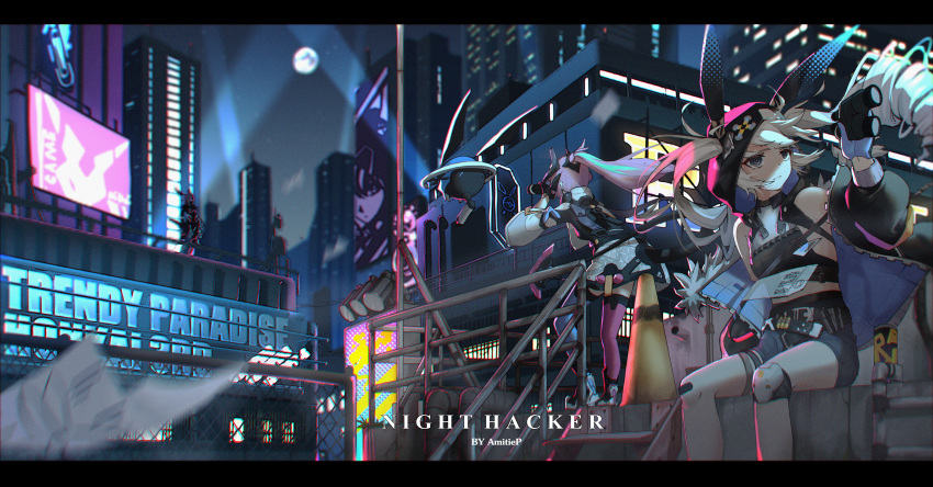 2girls, absurdres, animal_ears, animal_hood, architecture, bangs, bare_shoulders, billboard, binoculars, black_jacket, bronya_zaychik, bronya_zaychik_(haxxor_bunny), building, city, city_lights, cityscape, drill_hair, drone, full_moon, gloves, grey_eyes, grey_hair, hair_between_eyes, highres, holding, honkai_(series), honkai_impact_3rd, hood, hoodie, huge_filesize, jacket, kengniang, long_hair, long_sleeves, looking_to_the_side, moon, multiple_girls, neon_lights, night, night_sky, pink_hair, pink_legwear, rabbit_ears, rozaliya_olenyeva, rozaliya_olenyeva_(fervent_tempo), shorts, sitting, sitting_on_floor, sky, skyline, twin_drills
