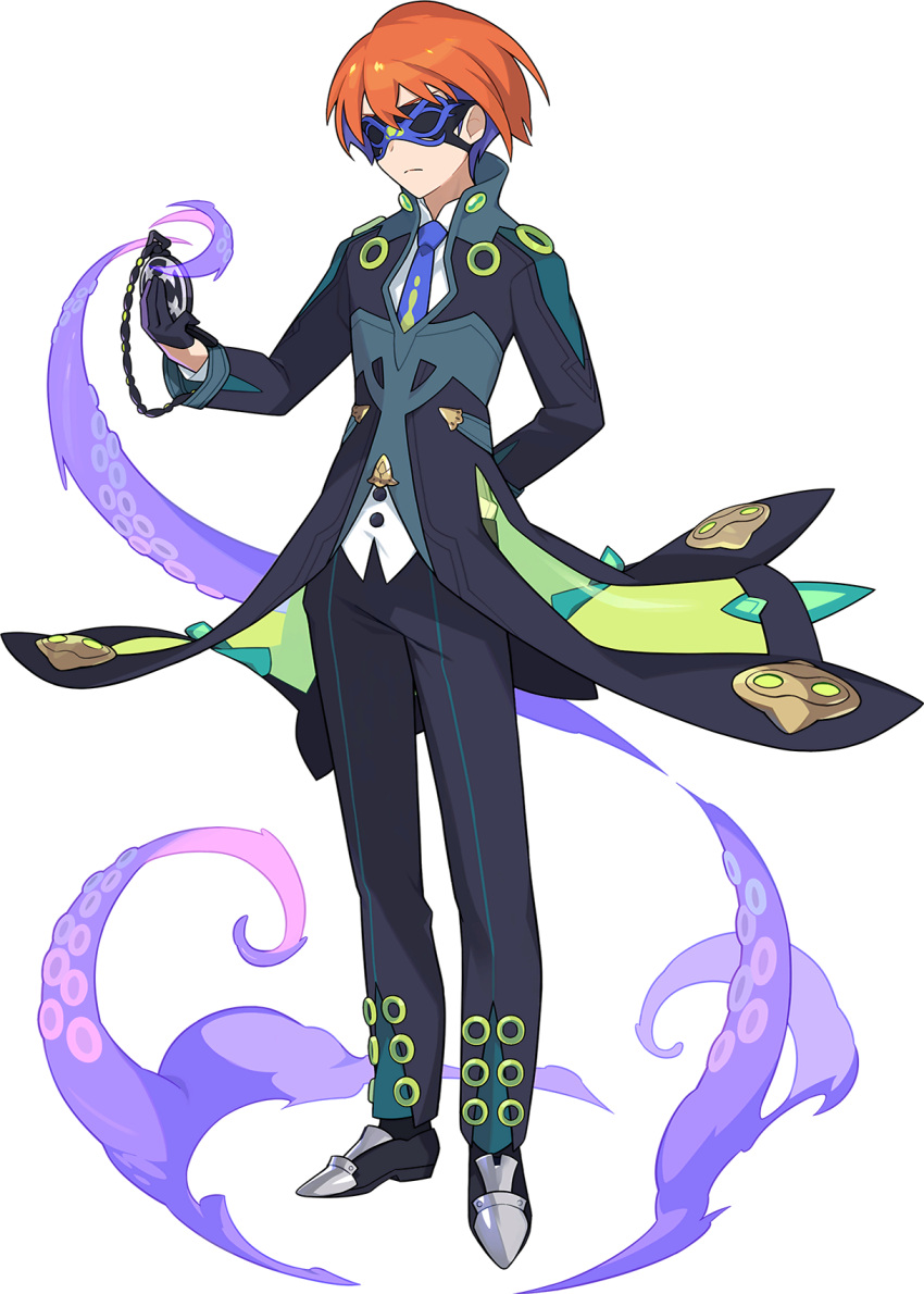 1boy, arm_behind_back, artist_request, bangs, black_coat, black_footwear, black_gloves, black_pants, blue_neckwear, broken, broken_chain, buttons, chain, closed_mouth, coat, colored_inner_hair, covered_eyes, edwardo_(world_flipper), full_body, ghost, gloves, half_gloves, hand_up, highres, holding, long_sleeves, male_focus, mask, masquerade_mask, multicolored_hair, necktie, non-web_source, official_art, orange_hair, pants, pocket_watch, purple_hair, sabaton, see-through, shiny, shiny_hair, shirt, shoes, short_hair, solo, standing, suction_cups, tentacles, transparent_background, two-tone_hair, v-shaped_eyebrows, watch, white_shirt, world_flipper