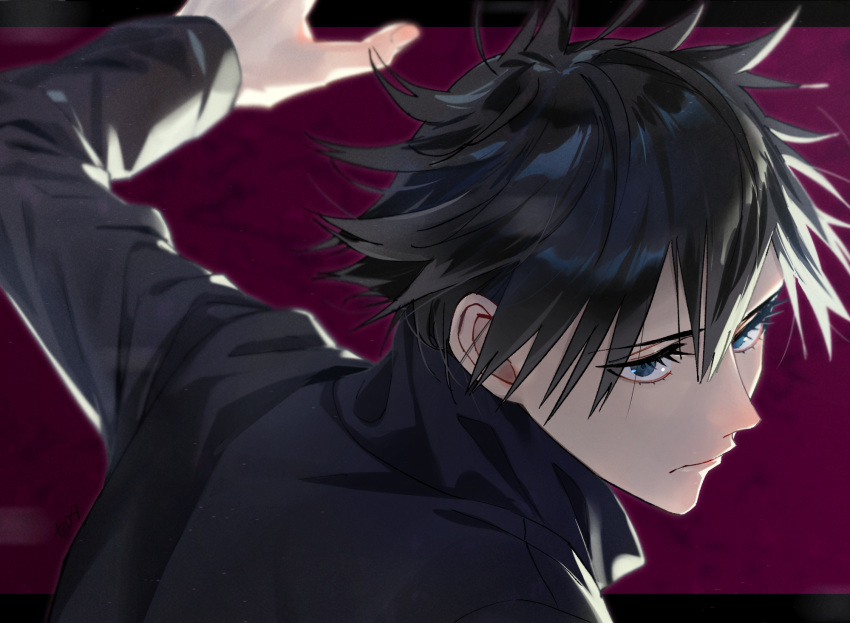1boy, arm_up, bangs, black_border, black_hair, black_jacket, blue_eyes, border
