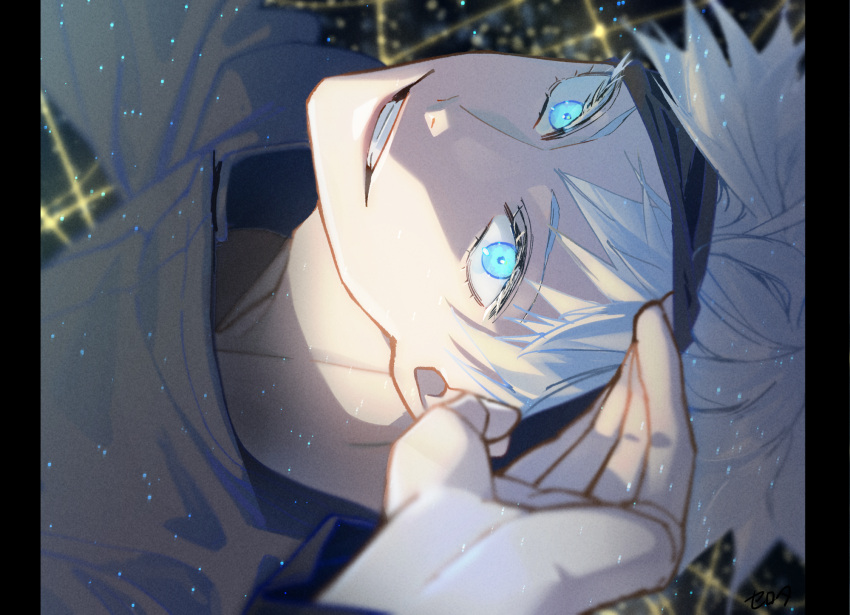 1boy, bangs, black_blindfold, black_border, black_jacket, blindfold, blindfold_lift, blue_eyes