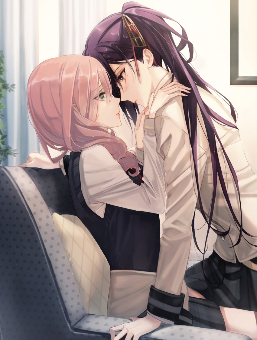 2girls, aqua_eyes, arm_support, bangs, beige_jacket, black_sweater_vest, blackfangs, blush