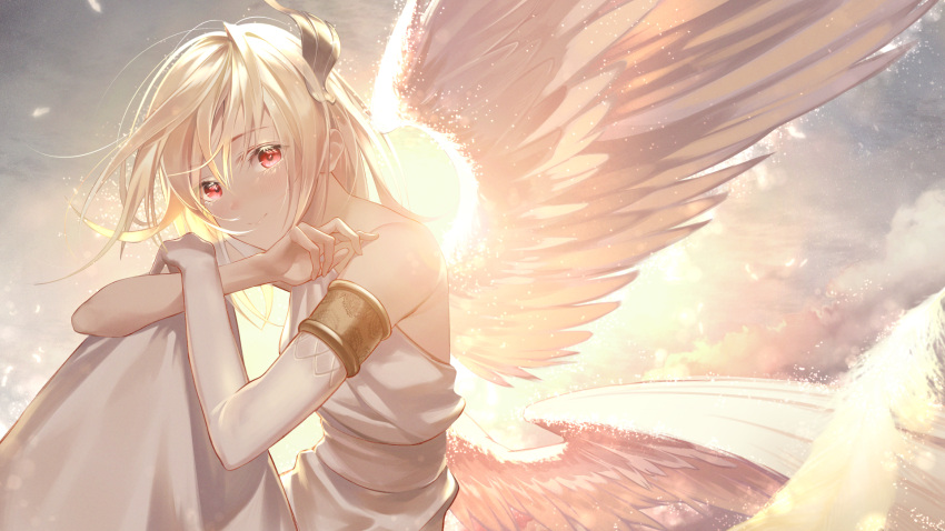 1girl, angel, angel_wings, bangs, bare_shoulders, blonde_hair, clouds, dress