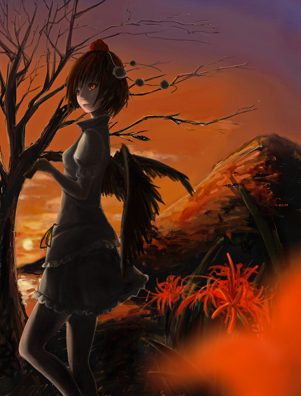 highres, mountain, shameimaru_aya, sunset, touhou, tree, youmak