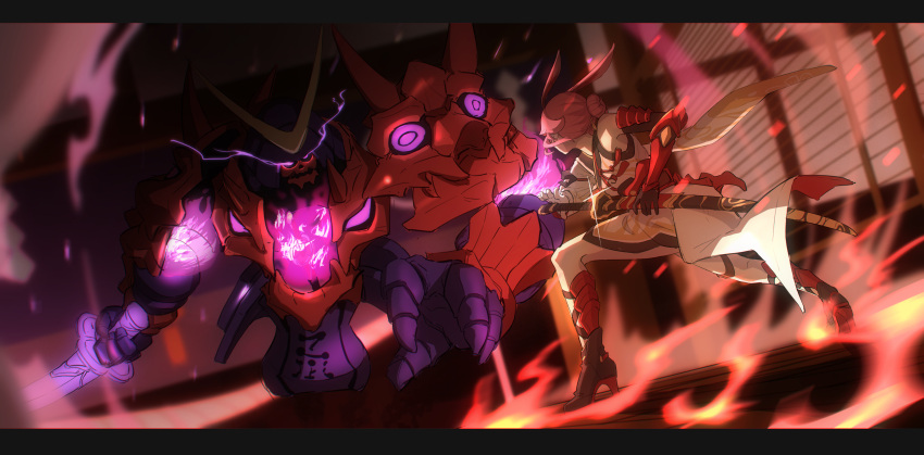 1girl, absurdres, animal_ears, armor, back, bare_shoulders, boots, fighting, fighting_stance, fire, floating, fox_ears, gloves, highres, hitodama, holding, holding_sword, holding_weapon, honkai_(series), honkai_impact_3rd, indoors, japanese_armor, katana, kengniang, looking_ahead, pink_hair, red_gloves, sheath, sheathed, spirit, sword, weapon, yae_sakura, yae_sakura_(flame_sakitama)