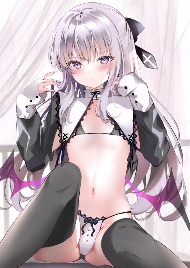 1girl, bangs, black_bow, black_bra, black_legwear, blush, bow, bow_bra, bra, closed_mouth, commentary_request, eyebrows_visible_through_hair, feet_out_of_frame, flat_chest, grey_hair, hair_between_eyes, hair_bow, hands_up, knee_up, long_hair, long_sleeves, looking_at_viewer, low_wings, navel, original, panties, pon_(ponidrop), purple_wings, shrug_(clothing), sitting, sleeves_past_wrists, solo, thigh-highs, transparent_wings, underwear, very_long_hair, violet_eyes, white_panties, wings