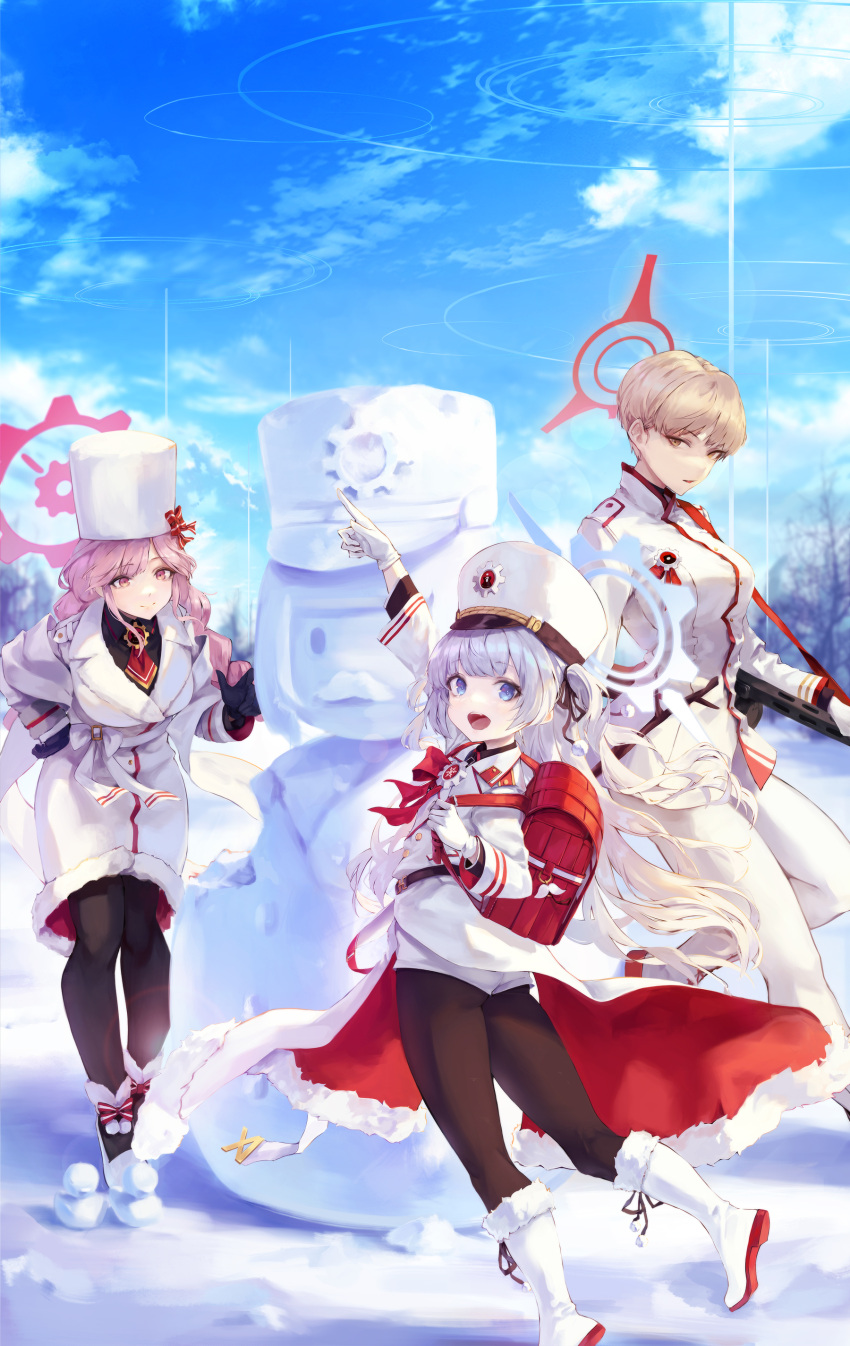 3girls, :d, absurdres, arm_up, backpack, bag, bangs, black_gloves