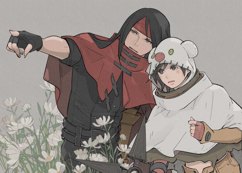 1boy, 1girl, belt, black_gloves, black_hair, blush, brown_eyes, capelet