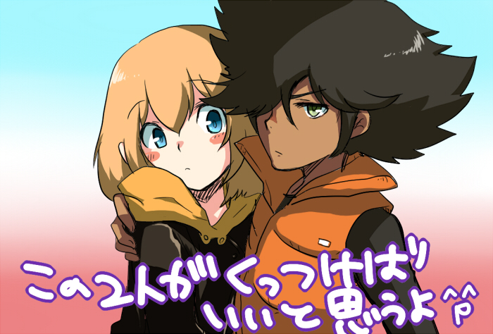 2boys, androgynous, bad_id, blush_stickers, hair_over_one_eye, heroman, joey_jones, multiple_boys