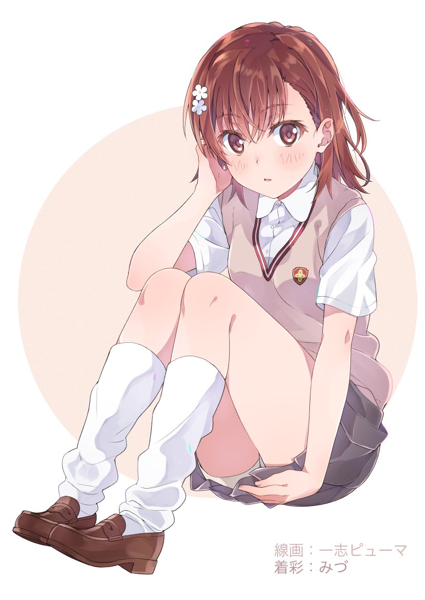 1girl, artist_name, brown_eyes, brown_hair, collaboration, collarbone, commentary_request, dress_shirt