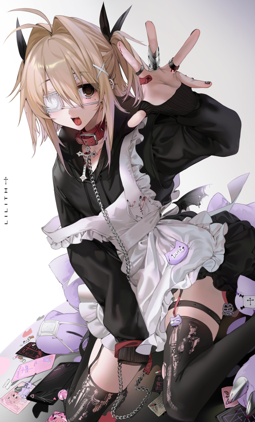 1girl, antenna_hair, apron, bandaid, black_hoodie, black_legwear, black_nails, black_skirt