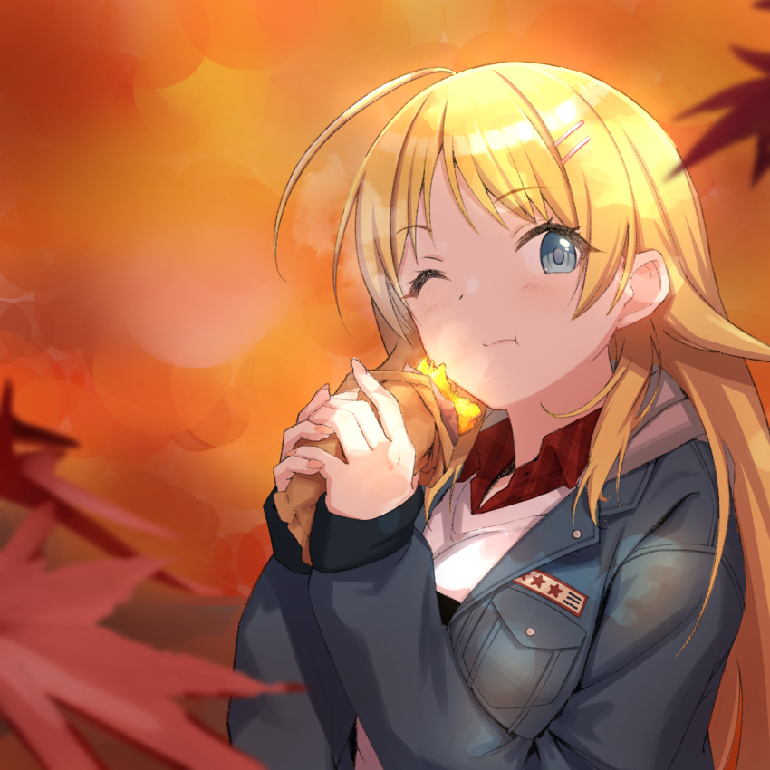 1girl, ahoge, amochin, autumn_leaves, blonde_hair, blue_jacket, blush, commentary_request