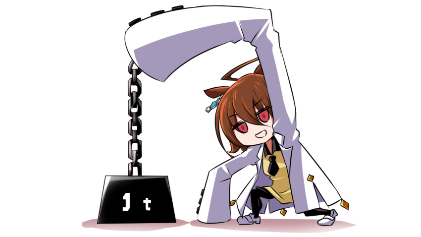 1girl, agnes_tachyon_(umamusume), ahoge, brown_hair, chibi, labcoat, parody, red_eyes