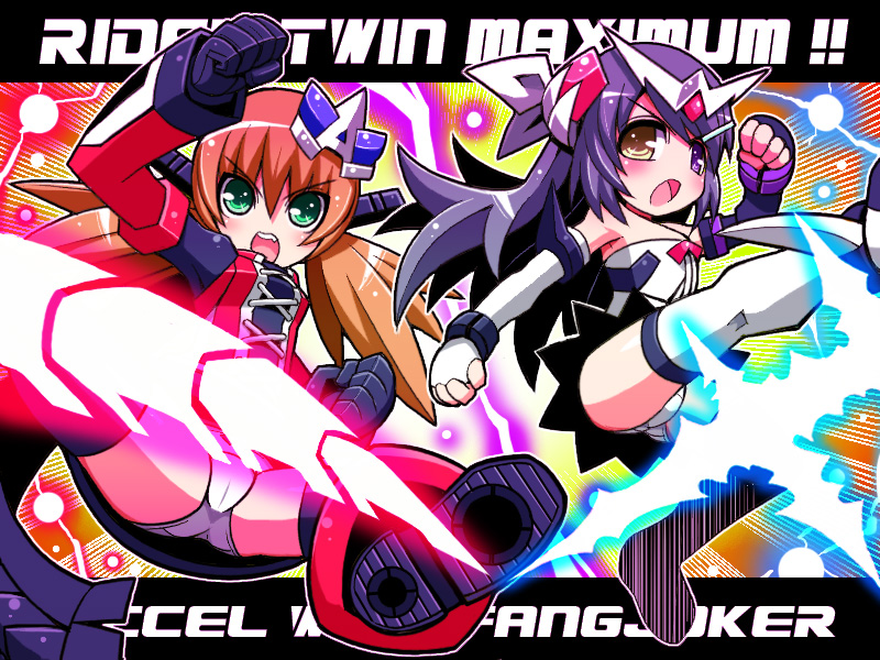 2girls, genderswap, genderswap_(mtf), kamen_rider, kamen_rider_accel, kamen_rider_double, kamen_rider_w, kicking