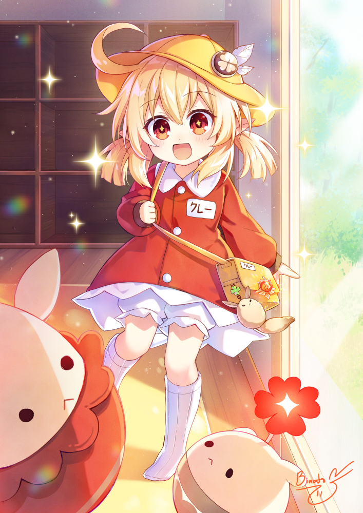 +_+, 1girl, :d, ahoge, alternate_costume, bag, bangs, binato_lulu