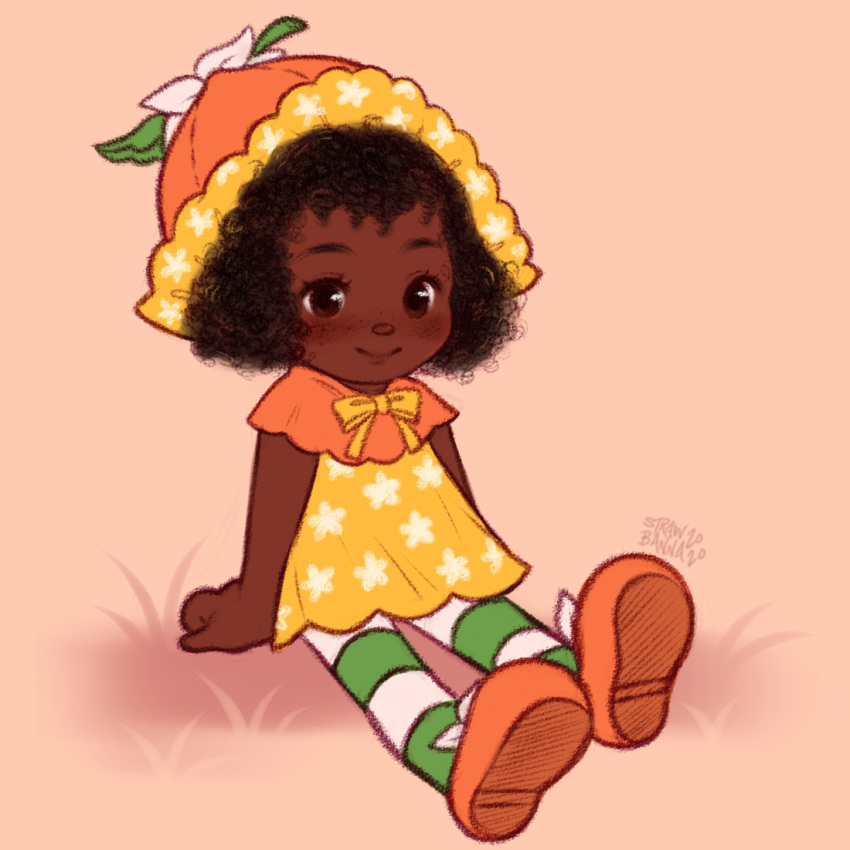 1girl, afro, arm_support, black_eyes, black_hair, blush, bonnet, bow