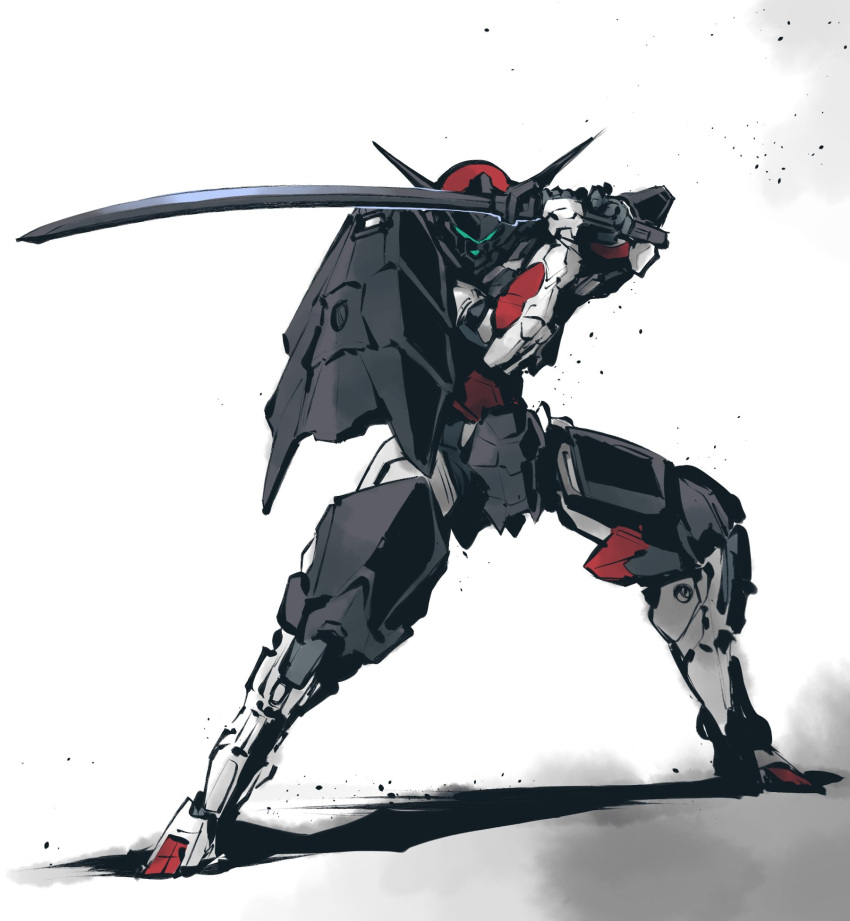 30_minutes_missions, armor, glowing, glowing_eye, green_eyes, highres, ishiyumi, japanese_armor, katana, mecha, no_humans, shadow, shoulder_armor, sode, stance, suneate, sword, weapon