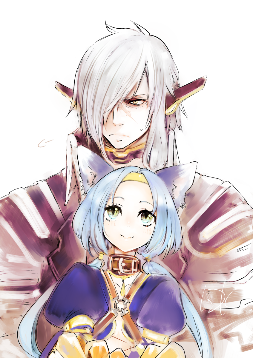 1boy, 1girl, animal_ears, annoyed, arumat_p._thanatos, bangs, blue_hair, cat_ears