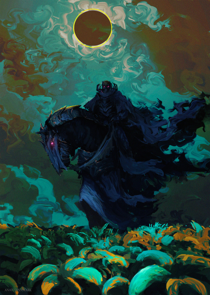 1boy, anato_finnstark, armor, berserk, blue_sky, cape, commentary, eclipse