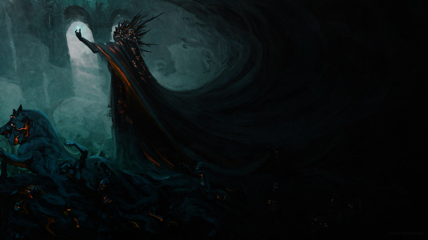 1girl, anato_finnstark, black_cape, black_theme, cape, crown, dark, from_side, hand_up, hel_(norse_mythology), highres, horror_(theme), horse, norse_mythology, solo_focus