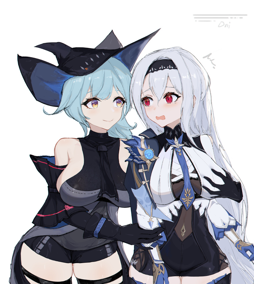 2girls, absurdres, arknights, arm_cuffs, ascot, bangs, black_gloves, black_headwear, black_neckwear, black_pants, black_shirt, blue_hair, blue_neckwear, blush, bodystocking, breasts, brown_eyes, buttons, chinese_commentary, clothing_cutout, commentary_request, cosplay, costume_switch, cowboy_shot, crossover, embarrassed, eula_lawrence, eula_lawrence_(cosplay), eyebrows_visible_through_hair, genshin_impact, gloves, grabbing, grabbing_from_behind, hair_between_eyes, hairband, hand_up, hat, highres, holding_another's_arm, large_breasts, leotard, long_hair, looking_at_another, low-tied_long_hair, medium_hair, multiple_girls, pants, ruyouguizhu, satou_rina, seiyuu_connection, shirt, sideboob, silver_hair, simple_background, skadi_(arknights), skadi_(arknights)_(cosplay), skindentation, sleeveless, sleeveless_shirt, smile, sword, thigh-highs, thigh_cutout, thighs, v-shaped_eyebrows, very_long_hair, vision_(genshin_impact), weapon, white_background