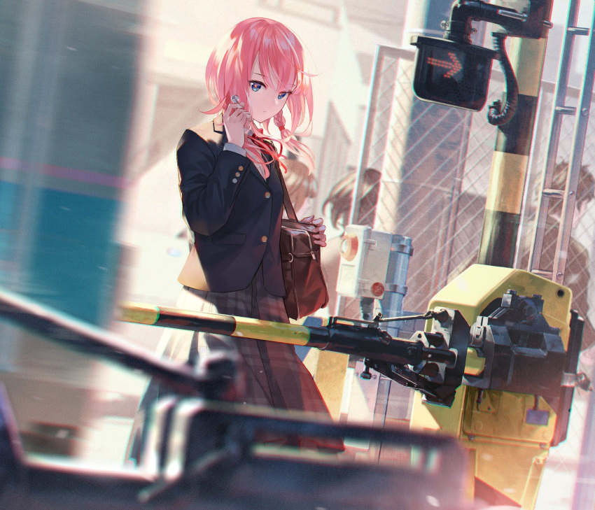 1boy, 3girls, bag, blazer, blue_eyes, braid, earphones, fence