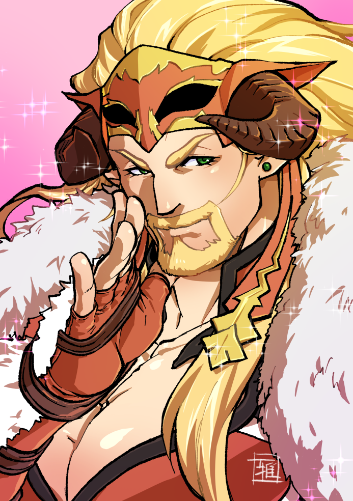1boy, beard, blonde_hair, blush, cleavage_cutout, clothing_cutout, earrings, facial_hair, goatee, granblue_fantasy, horns, jewelry, ladiva, large_pectorals, long_hair, looking_at_viewer, male_cleavage, male_focus, mature_male, muscular, muscular_male, mustache, pectorals, portrait, ryuuki_garyuu, smile, solo, transgender, upper_body, whispering, wrestling_mask