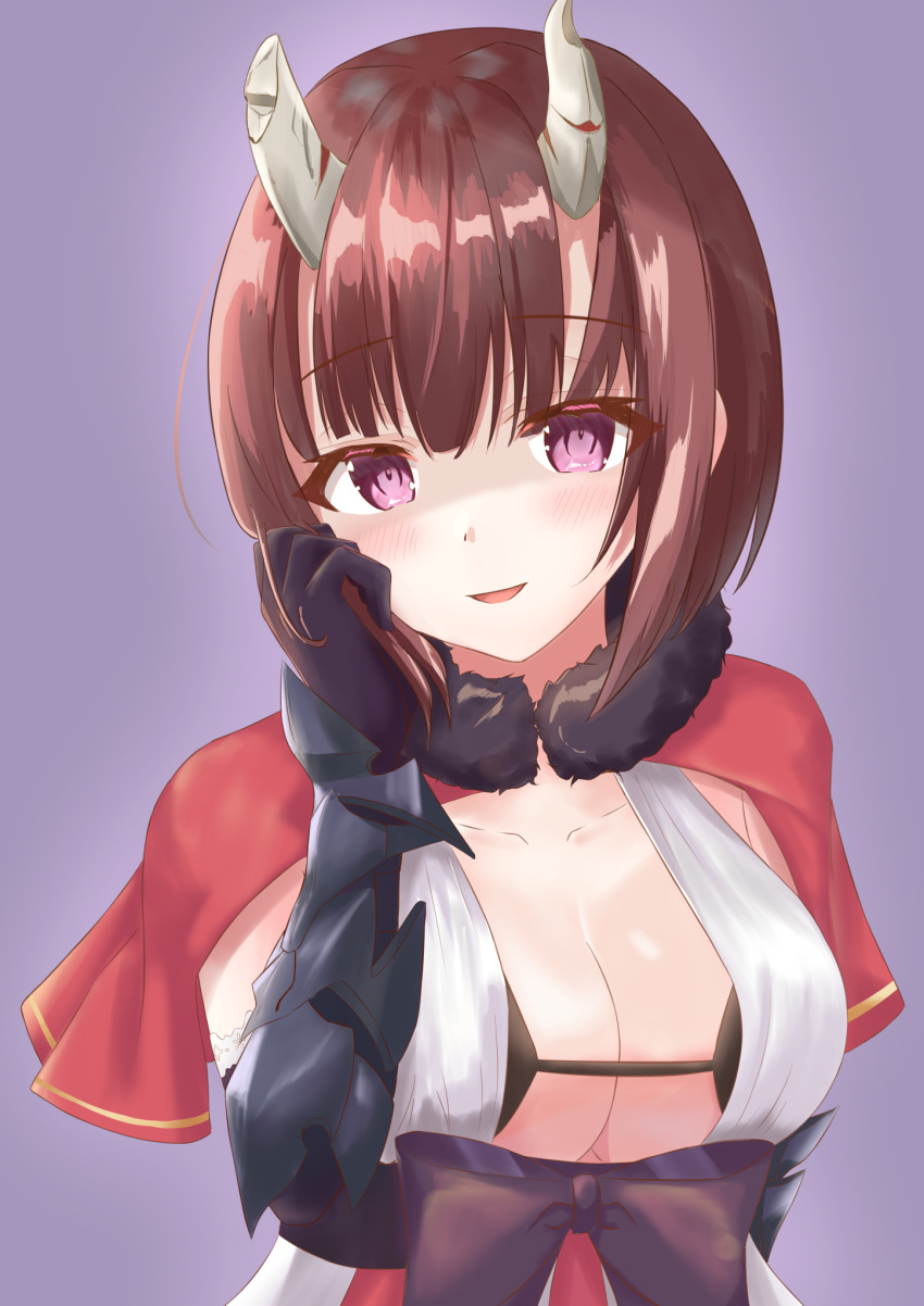1girl, black_bow, black_bra, black_gloves, blush, bow, bra, breasts, broken_horn, brown_hair, capelet, cleaver, demon_girl, demon_horns, eriko_(princess_connect!), fur-trimmed_capelet, fur_trim, ganbariino, gauntlets, gloves, hand_on_own_face, highres, horns, large_breasts, looking_at_viewer, princess_connect!, purple_background, red_capelet, shaded_face, shirt, short_hair, smile, solo, underwear, upper_body, violet_eyes, white_shirt