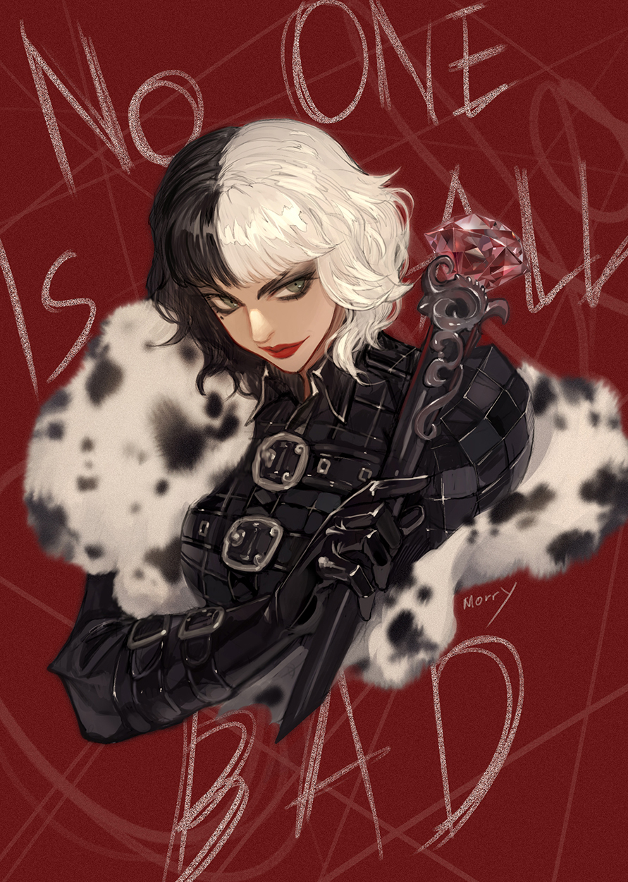 1girl, bangs, black_hair, cruella_(film), cruella_de_vil, english_text, fur_trim, grey_eyes