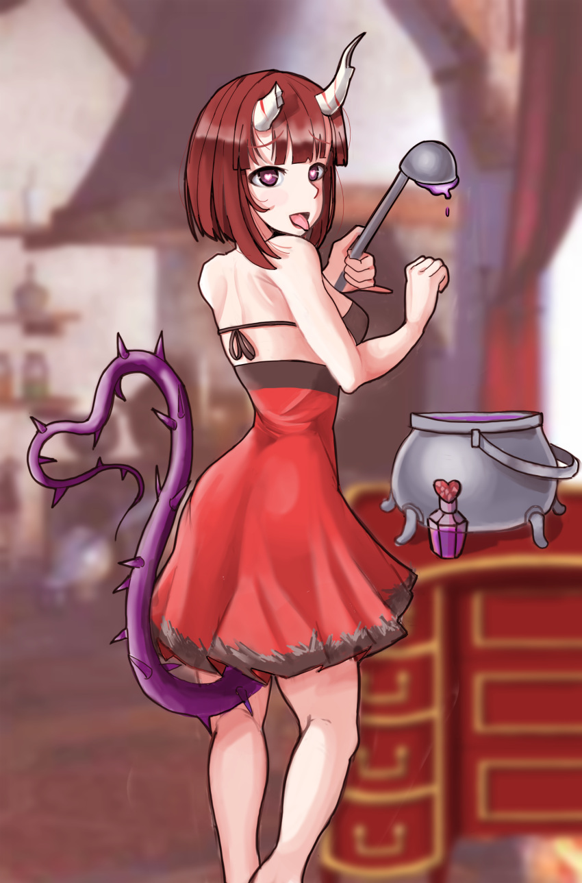 1girl, absurdres, black_bra, blurry, blurry_background, bottle, bra, broken_horn