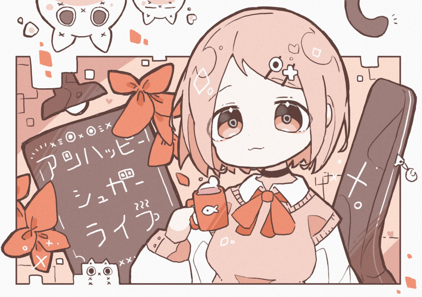 1girl, bocha_2_2, brown_eyes, brown_hair, collared_shirt, cup, eyebrows_visible_through_hair, hair_ornament