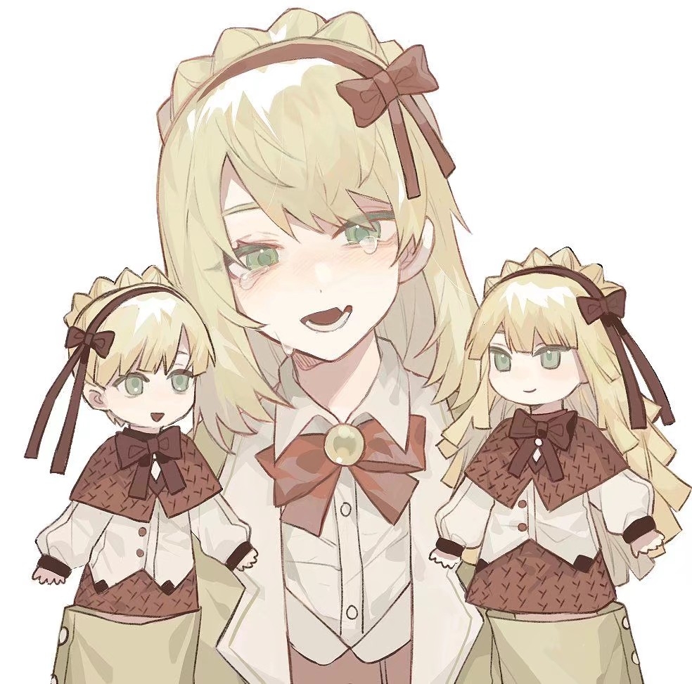 blonde_hair, brown_headband, brown_ribbon, collared_shirt, crying, crying_with_eyes_open, eyebrows_behind_hair, fang, green_eyes, hair_ribbon, hand_puppet, headband, huabudong, jacket, library_of_ruina, long_hair, long_sleeves, open_mouth, puppet, ribbon, shirt, short_hair, skin_fang, smile, spoilers, tears, tiphereth_a_(lobotomy_corporation), tiphereth_b_(lobotomy_corporation), yellow_jacket