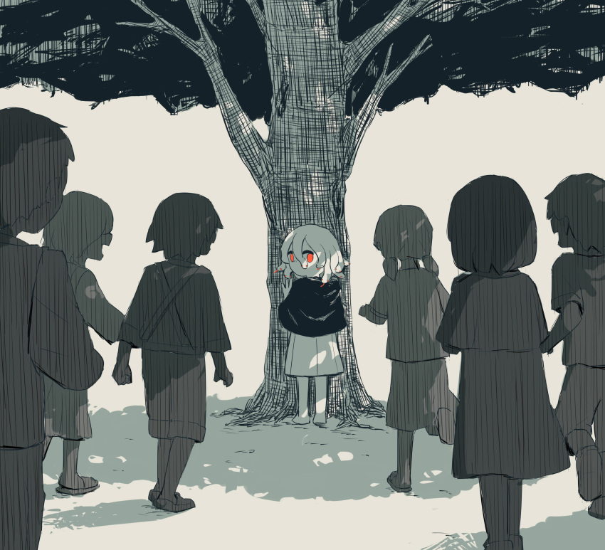 3boys, 4girls, absurdres, against_tree, avogado6, barefoot, capelet, child