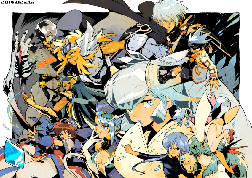 4boys, 6+girls, aqua_hair, bangs, black_hair, black_shirt, blonde_hair, blue_eyes