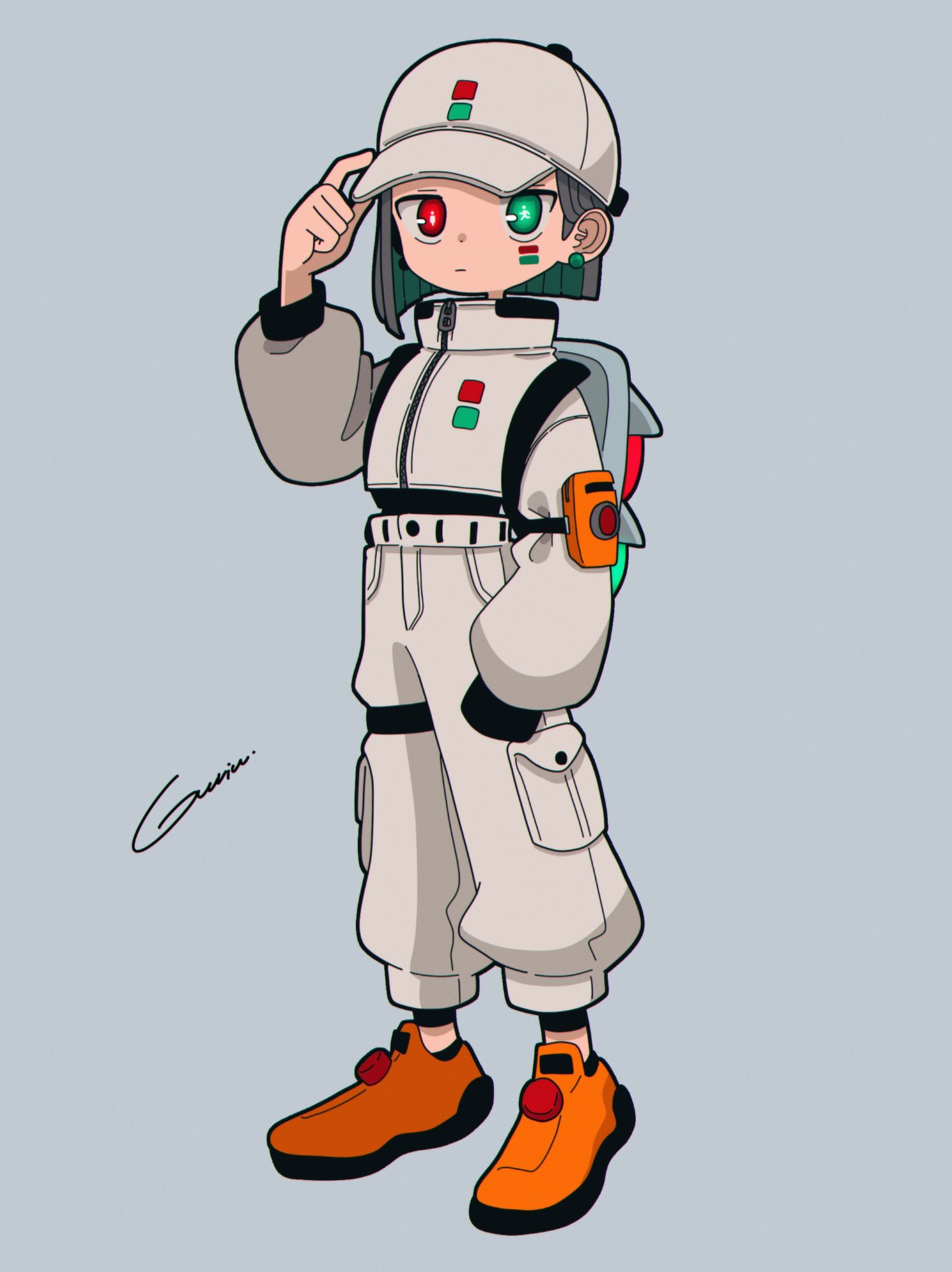 1girl, backpack, bag, baseball_cap, black_hair, earrings, full_body, green_eyes