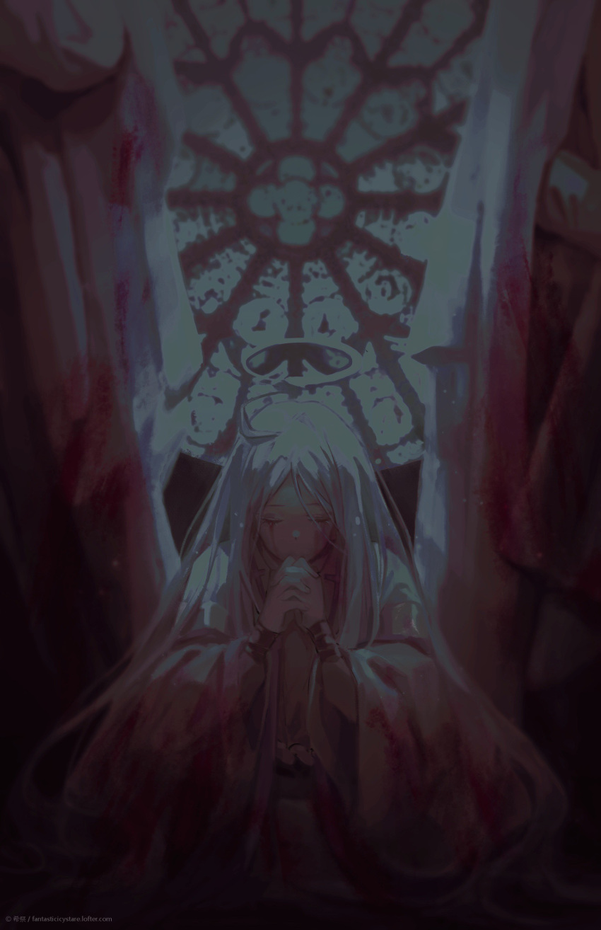 1boy, absurdres, angel, blood, bloody_tears, closed_eyes, closed_mouth, copyright_name