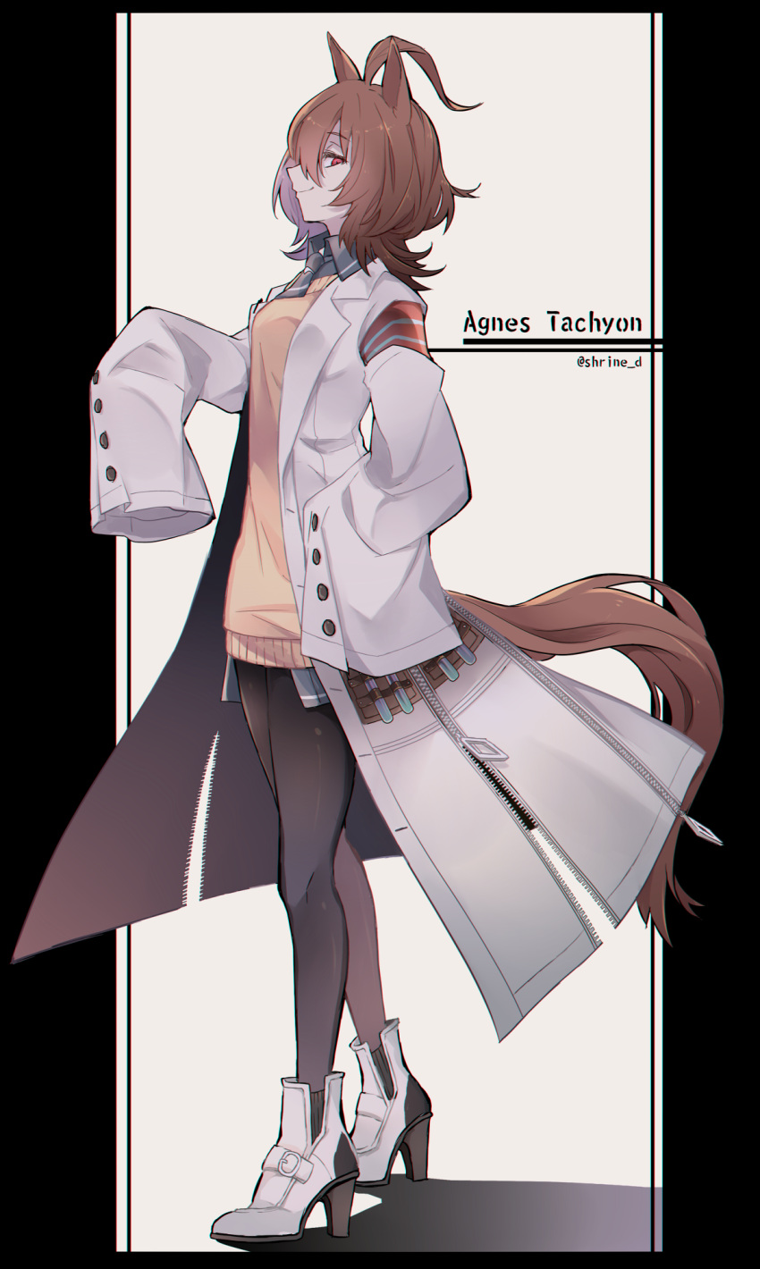 1girl, agnes_tachyon_(umamusume), ahoge, animal_ears, black_legwear, black_neckwear, black_shirt, boots
