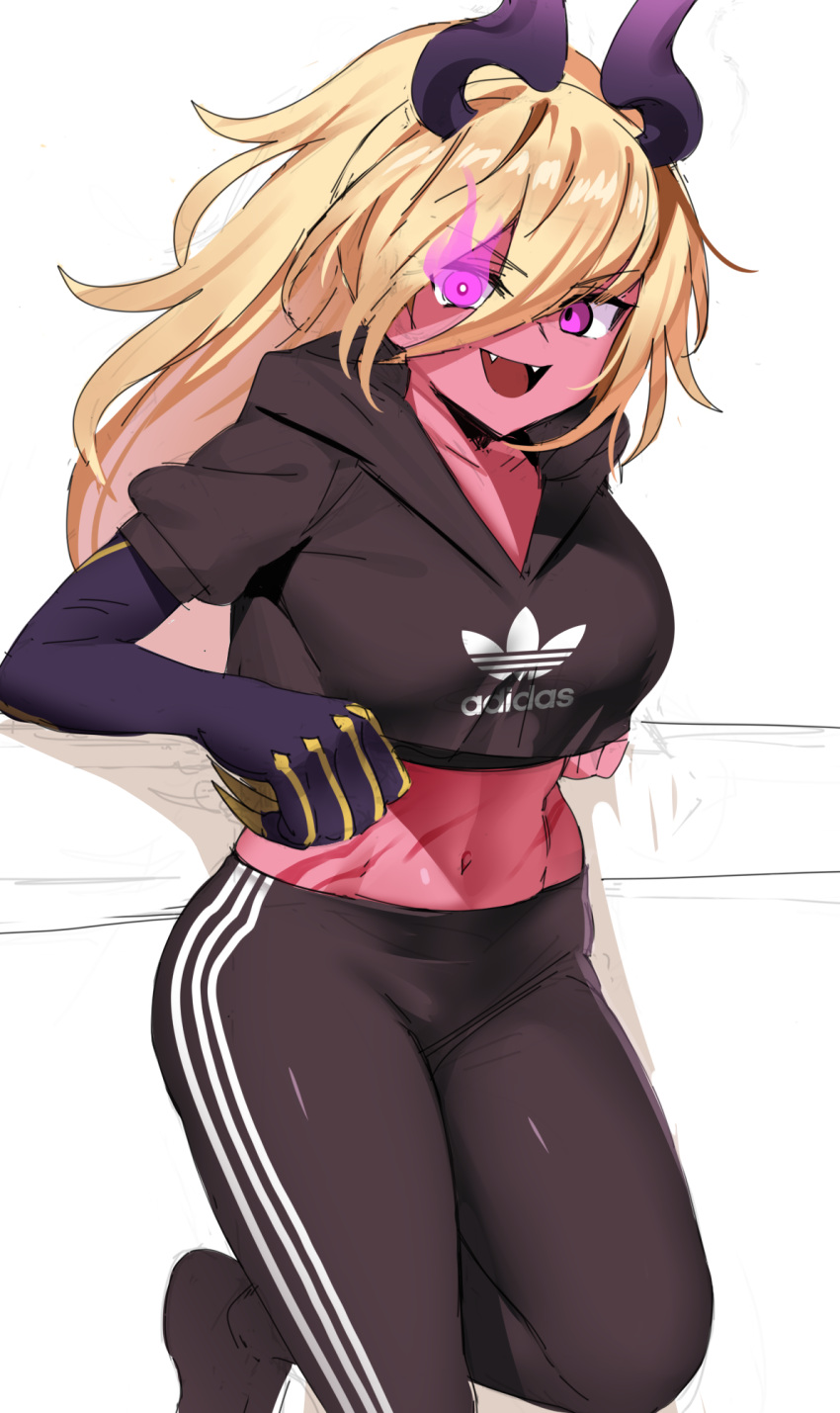 1girl, adidas, alternate_costume, blonde_hair, colored_skin, dark_magician_beth, demon_girl, eyebrows_visible_through_hair