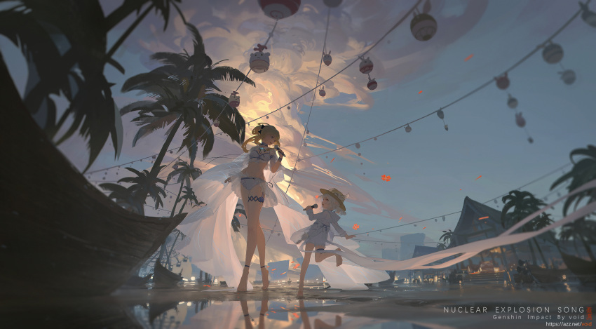 2girls, alternate_costume, bangs, barefoot, beach, bikini, blonde_hair, blue_bikini