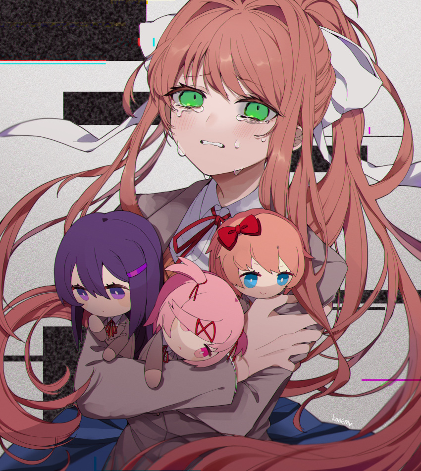 4girls, bangs, bow, brown_hair, crying, crying_with_eyes_open, doki_doki_literature_club, green_eyes, hair_ornament, hairclip, highres, hug, long_hair, monika_(doki_doki_literature_club), multiple_girls, natsuki_(doki_doki_literature_club), pink_eyes, pink_hair, purple_hair, red_ribbon, ribbon, sayori_(doki_doki_literature_club), school_uniform, short_hair, skirt, stuffed_toy, tears, twintails, user_xyxr8482, violet_eyes, yuri_(doki_doki_literature_club)