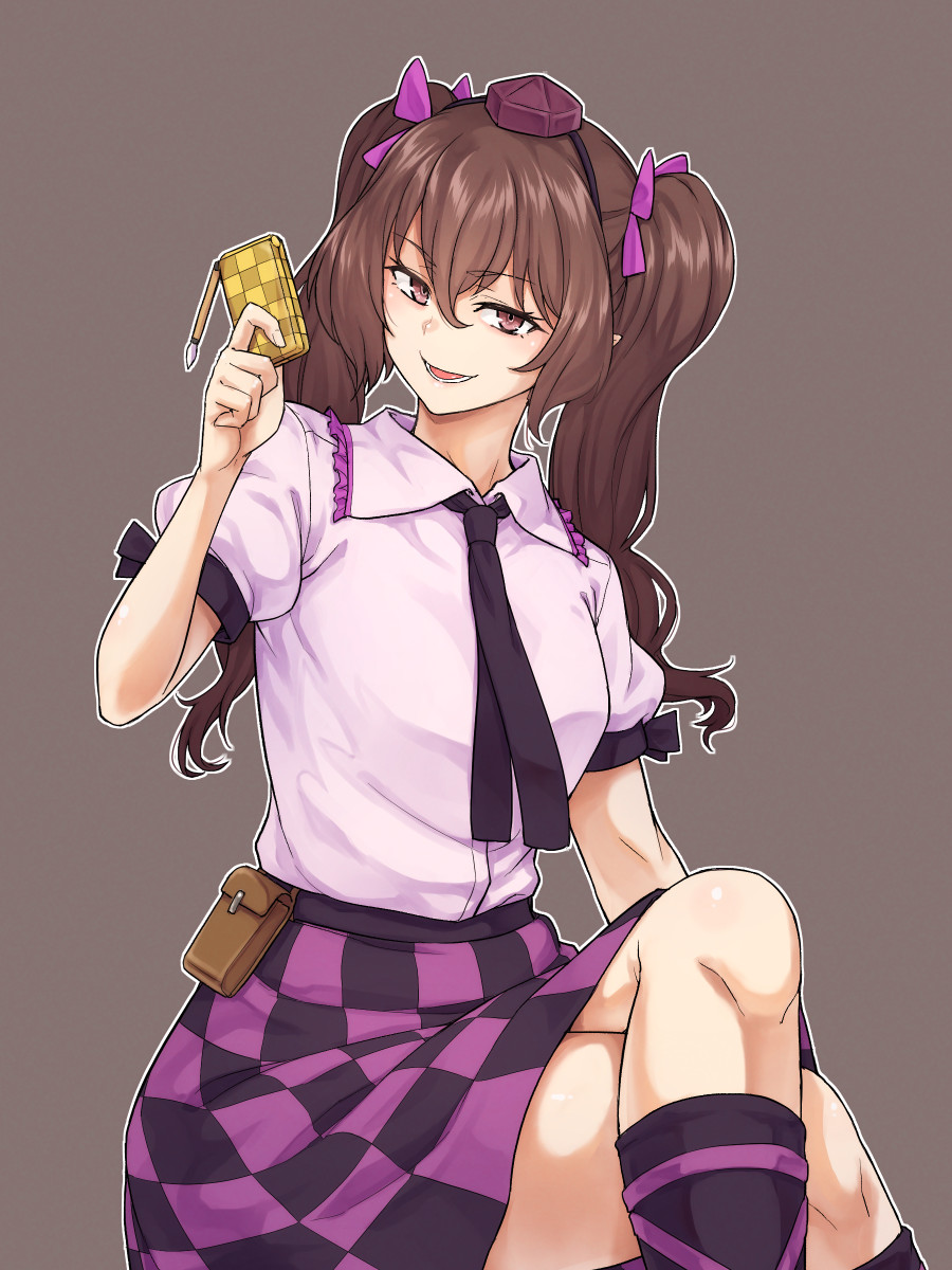 1girl, breasts, brown_eyes, brown_hair, checkered, checkered_skirt, feet_out_of_frame, grey_background