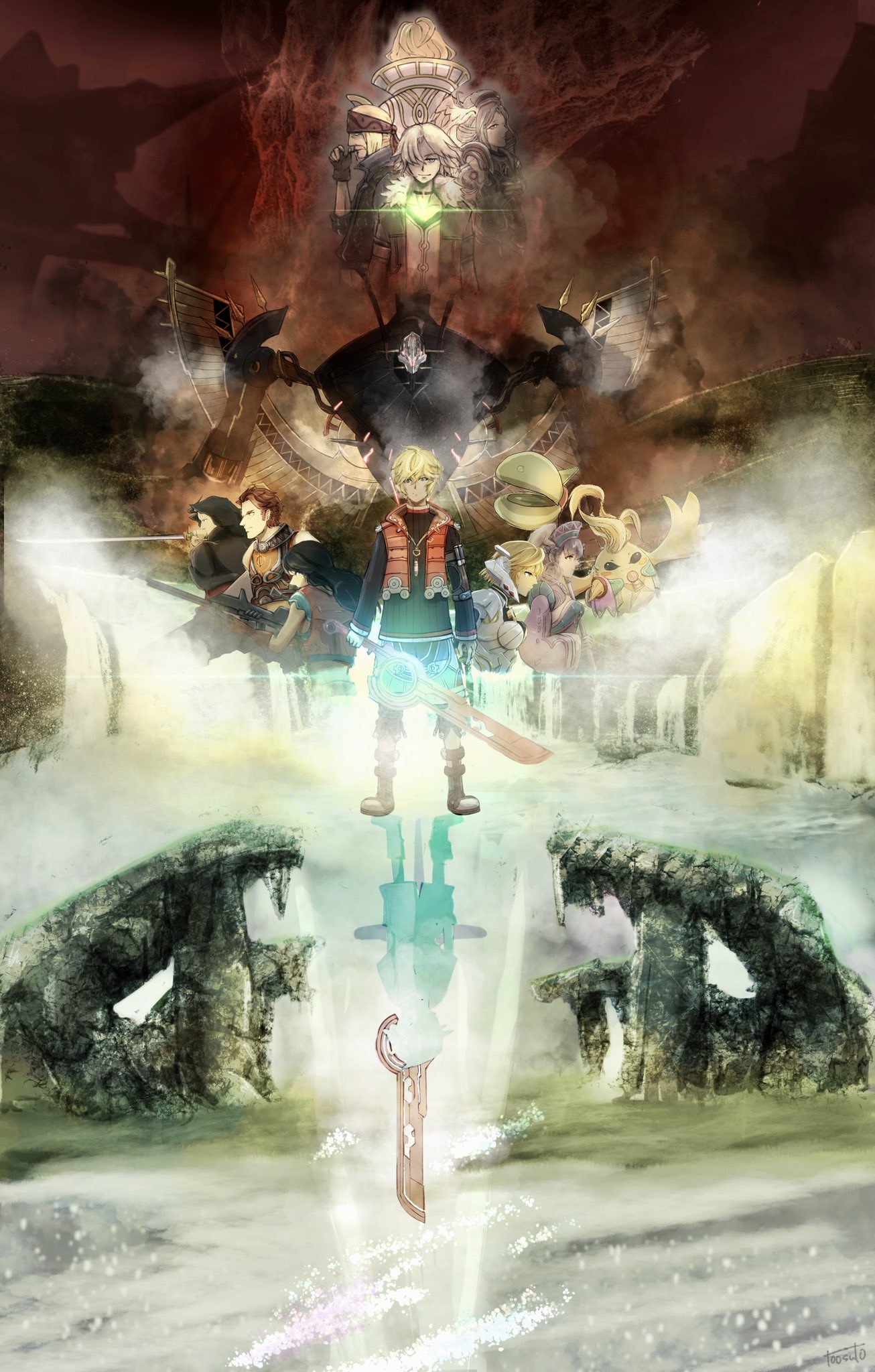 4girls, 6+boys, alvis_(xenoblade), blonde_hair, blue_eyes, dickson_(xenoblade), different_reflection, dunban_(xenoblade)