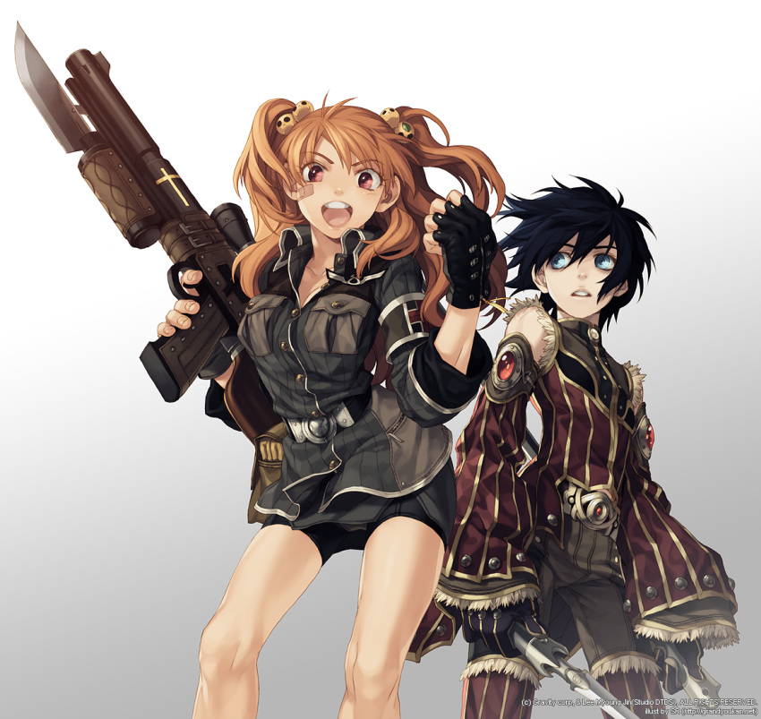 1boy, 1girl, androgynous, bandaid, bandaid_on_cheek, bangs, bayonet, bike_shorts, black_gloves, black_hair, black_jacket, black_shorts, blue_eyes, blush, commentary_request, contrapposto, cross, detached_sleeves, enchanter_(ro2), eyebrows_visible_through_hair, feet_out_of_frame, fingerless_gloves, gloves, gradient, gradient_background, grandyoukan, grey_background, grey_shorts, gun, hair_between_eyes, hair_bobbles, hair_ornament, holding, holding_gun, holding_sword, holding_weapon, jacket, long_hair, long_sleeves, looking_at_viewer, looking_to_the_side, official_art, open_mouth, orange_hair, photoshop_(medium), ragnarok_online_2:_gate_of_the_world, recruit, red_eyes, red_shirt, red_sleeves, shirt, shorts, simple_background, sniper_scope, sword, two_side_up, watermark, weapon, web_address