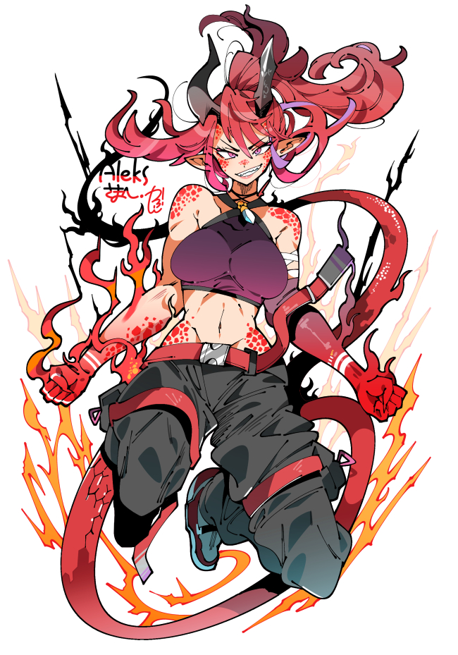 1girl, bare_shoulders, belt, black_pants, breasts, cargo_pants, clenched_hand, colored_skin