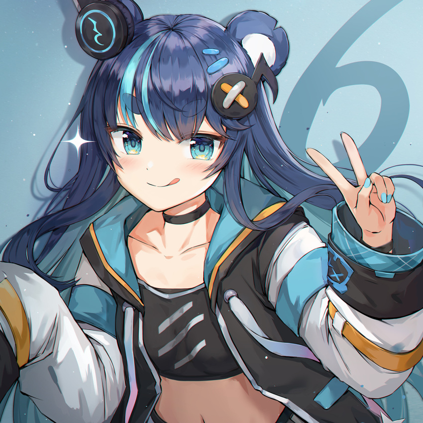 1girl, animal_ears, bear_ears, blue_background, blue_eyes, blue_nails, choker, fujikura_uruka, hair_ornament, headphones, highres, hood, hoodie, long_hair, long_sleeves, looking_at_viewer, luzzi_(milllim), multicolored_hair, navel, one_eye_closed, phase_connect, solo, tongue, tongue_out, two-tone_hair, v, virtual_youtuber
