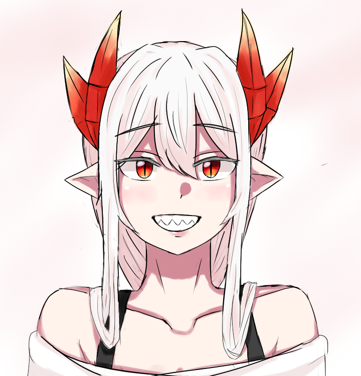 1girl, bare_shoulders, bra_strap, demon_girl, demon_horns, eyebrows, eyebrows_visible_through_hair, horns