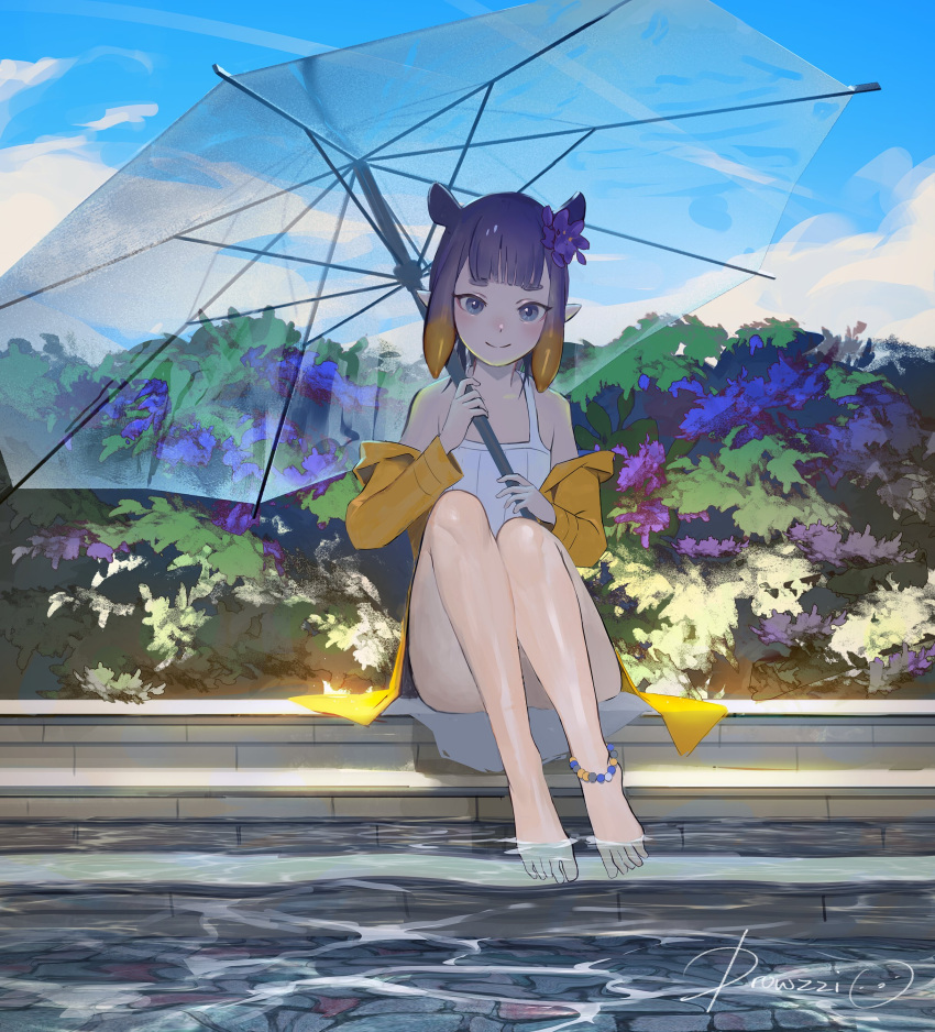 1girl, absurdres, alternate_costume, anklet, blue_sky, day, drowzzi, english_commentary