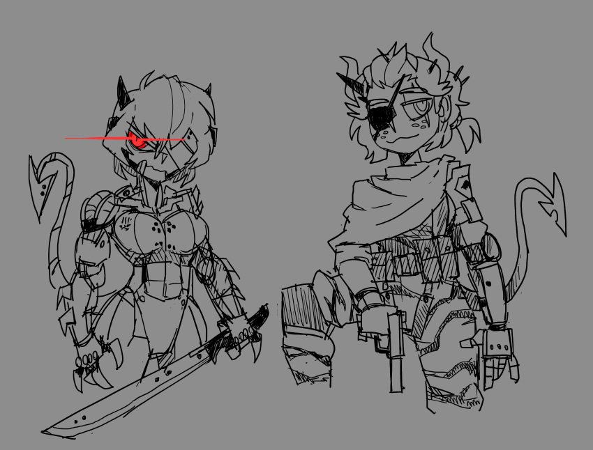 2girls, absurdres, beelzebub_(helltaker), belt_pouch, black_horns, camouflage, camouflage_pants, cloak