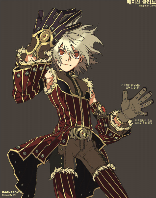 1boy, bangs, brown_background, brown_gloves, brown_shorts, closed_mouth, concept_art, cowboy_shot, detached_sleeves, enchanter_(ro2), fur-trimmed_shorts, fur_trim, gloves, grandyoukan, hair_between_eyes, korean_text, light_brown_hair, looking_at_viewer, male_focus, official_art, pants, pants_under_shorts, ragnarok_online_2:_gate_of_the_world, red_eyes, red_pants, red_shirt, red_sleeves, shirt, short_hair, shorts, simple_background, sleeveless, sleeveless_shirt, solo, striped, striped_pants, striped_shirt, striped_sleeves, translation_request