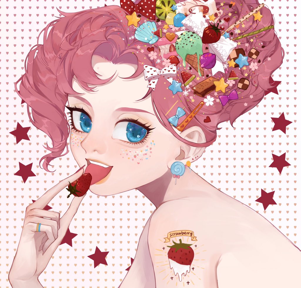 1girl, bare_shoulders, blue_eyes, candy_hair_ornament, curly_hair, earrings, food, food-themed_hair_ornament